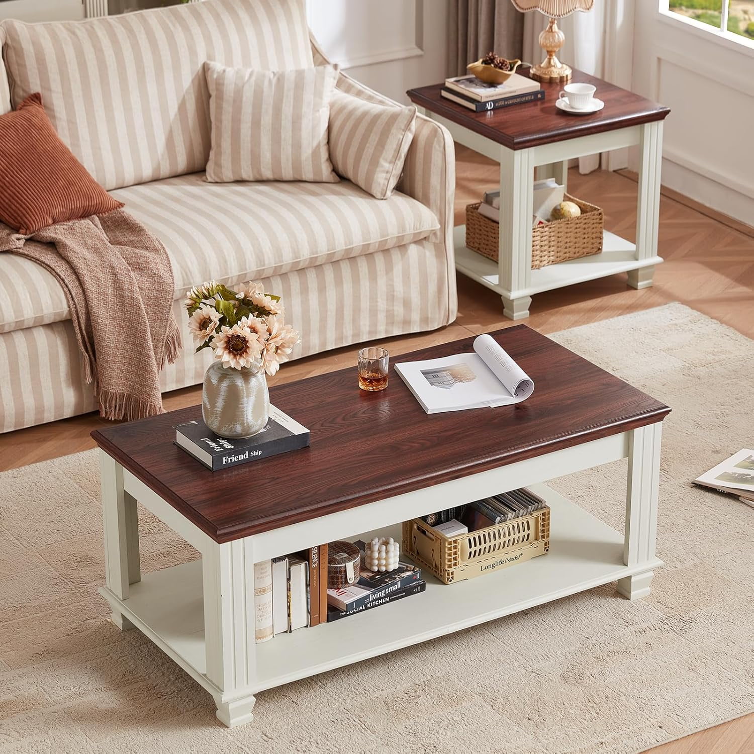 LELELINKY Farmhouse TV Stand and Coffee Table Set 4, Rustic Wood Living Room Table Set with TV Console, Center Table, 2 Pcs End Table for Hall, White