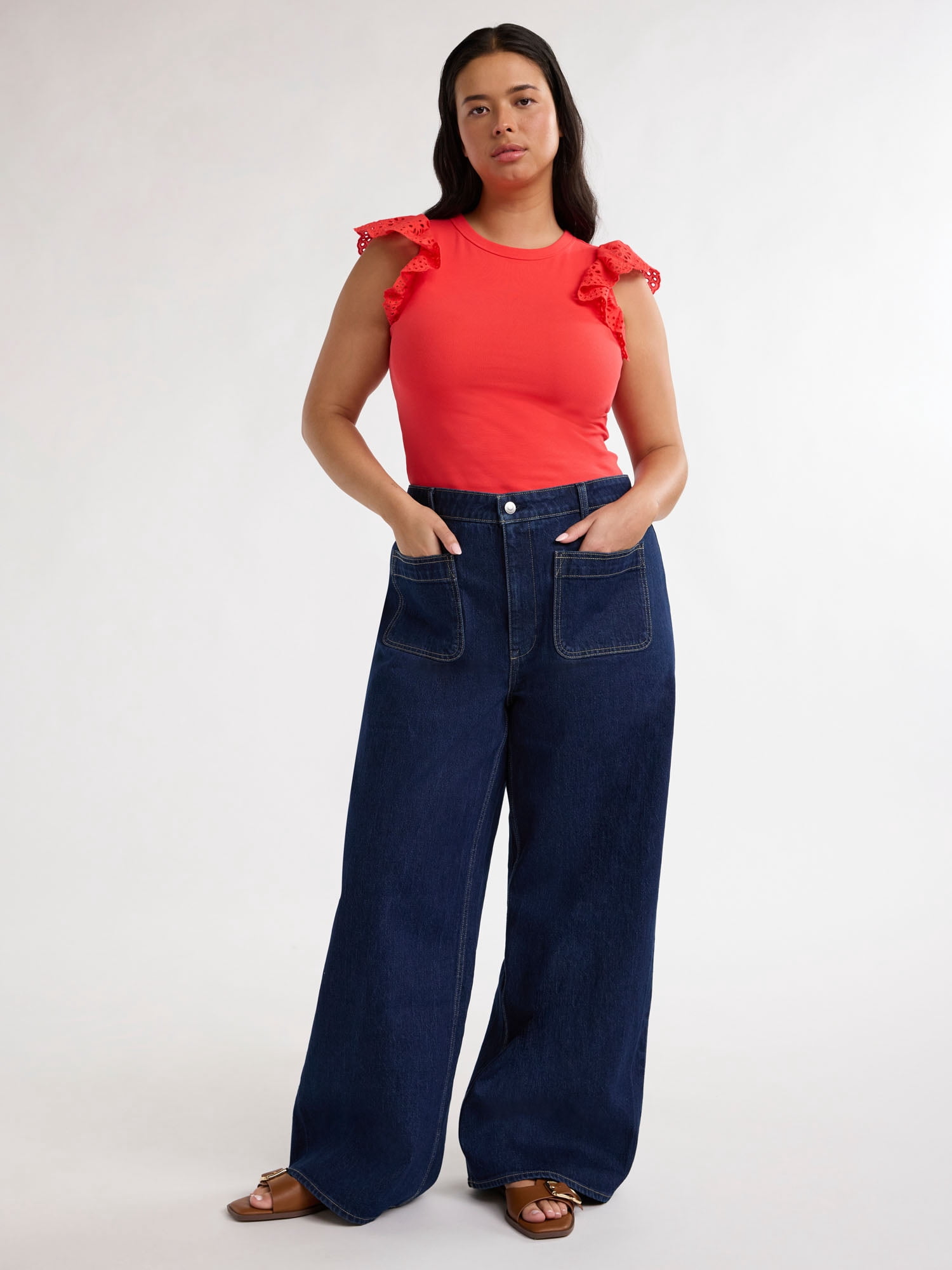 Free Assembly Women's and Women's Plus Wide Leg Jeans with Patch Pockets, 30", 32", and 34" Inseams, Sizes 0-26 Plus