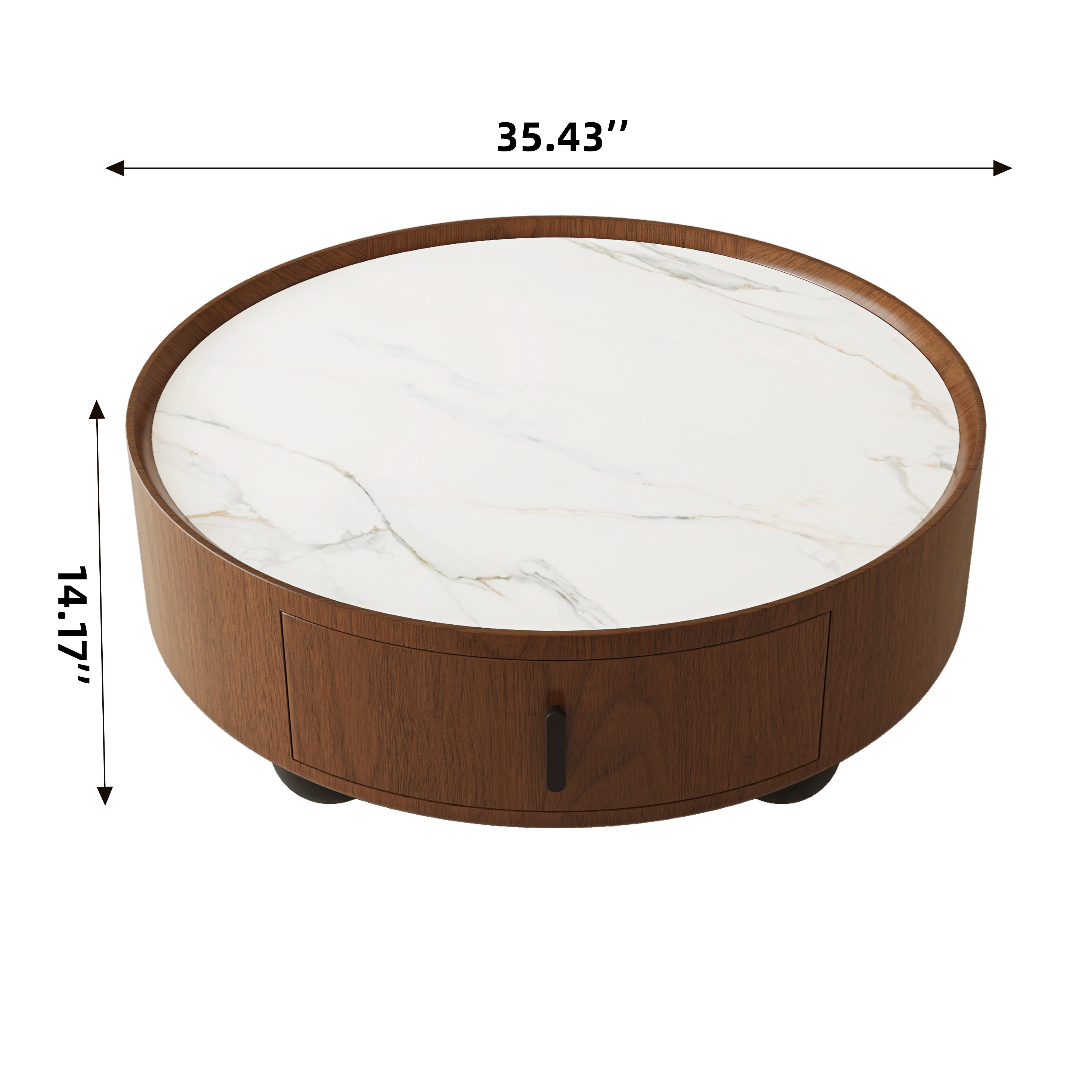 Euroco 35.43 Inch Round Coffee Table with Storage Drawer, Mid-Century Modern Accent Tea Table with Marble-Look Stone Top for Living Room,Home Office,Walnut
