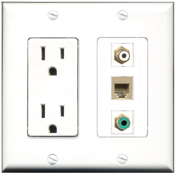 RiteAV - 15 Amp Power Outlet 1 Port RCA White 1 Port RCA Green 1 Port Phone Beige Decorative Wall Plate