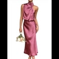 thumbnail image 2 of Vestido de Satén de Verano 2025 para Mujer, Elegante, Sin Mangas, con Cuello Alto, para Cóctel o Fiesta. Rosa Roja XL, 2 of 10