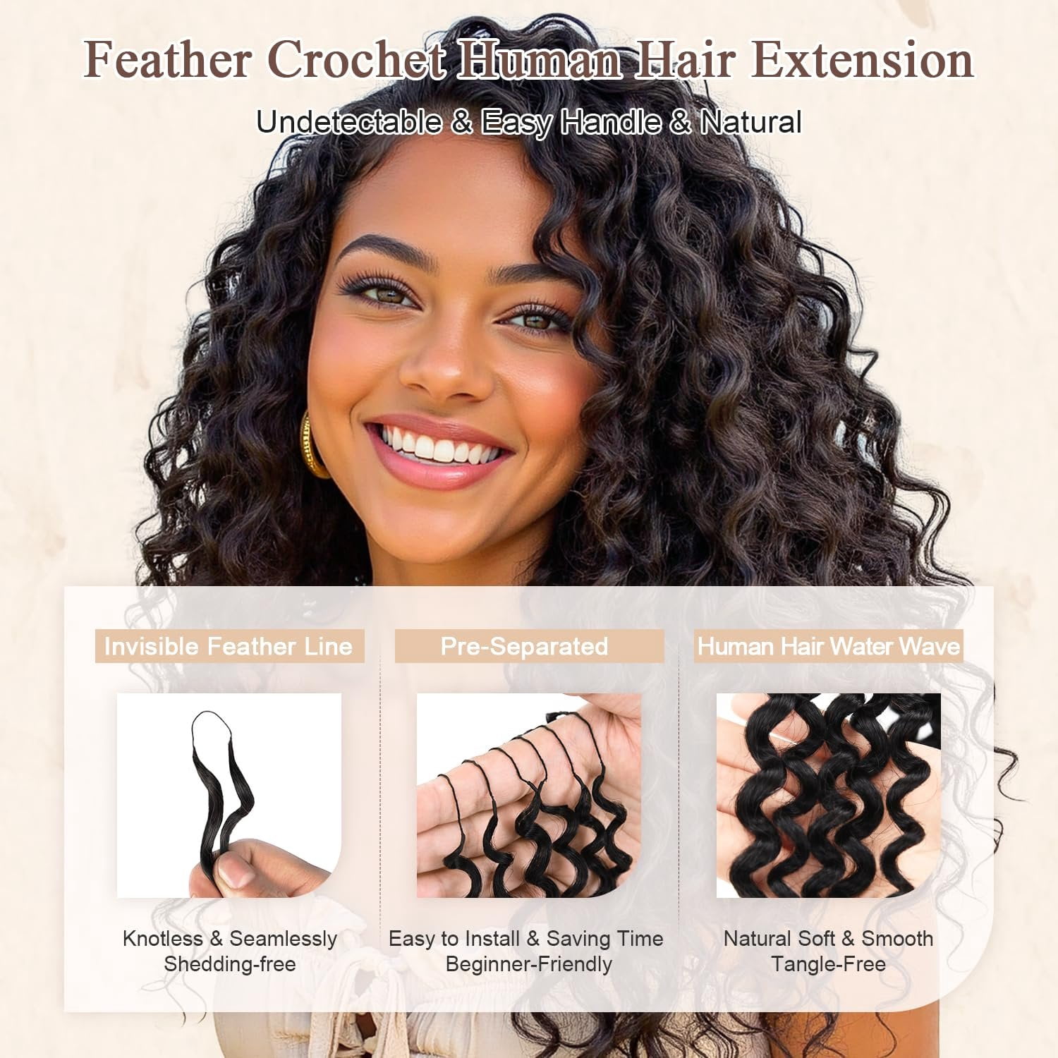 Crochet Human Hair,Water Wave Knotless Pre-Separated Human Crochet Hair Bundle,Miracle Knots Invisible Hair Extension for Black Women (150g- Black, 18" Water Wave)