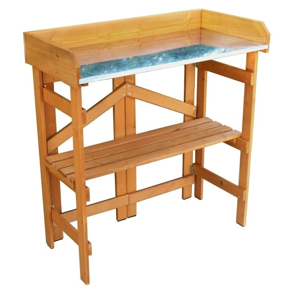 Folding Utility Table & Potting , Natural Stained with Adjustable Shelf