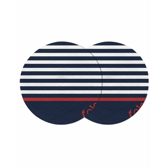 Anchor Navy Blue Round 15 Inch Placemats Set of 2, Red Nautical White Geometric Stripes HeatResistant Non Slip Place Mats for Dining Table, Wipeable Braided Kitchen Table Mats for Housewarming
