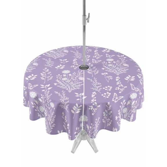 Outdoor Tablecloth with Umbrella Hole Zipper Purple Botanical Round Tablecloth 54" Waterproof Outside Table Cloth Spring Summer Chic Wildflowers Patio Table Cover Tablecloths for Picnic Party