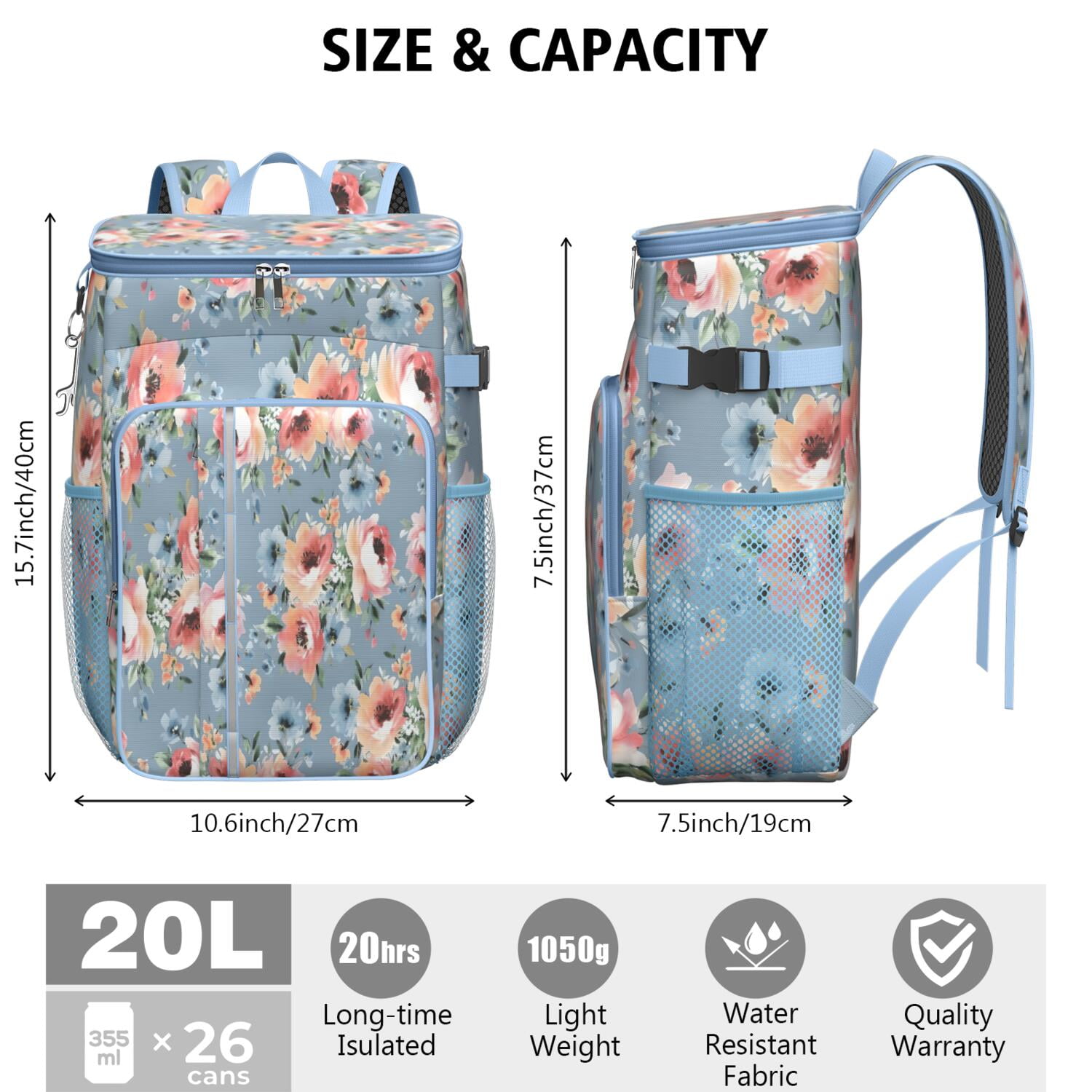 Travel Cooler Bag - Pioneer Flower Floral Print Pattern Camping Beer Cooler Backpack with Bottle Opener- Waterproof Insulated Picnic Backpacks - Cooler Bag for Beach
