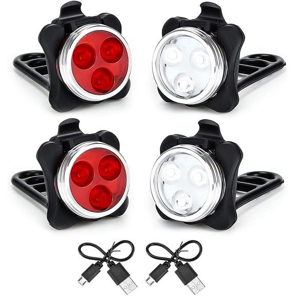 USB Rechargeable Bike Light Set,(2 Pack)Super Bright Front Headlight and Rear LED Bicycle Light,650mah Lithium Battery,4 Light Mode Options(2 USB cables and 4 Strap Included)