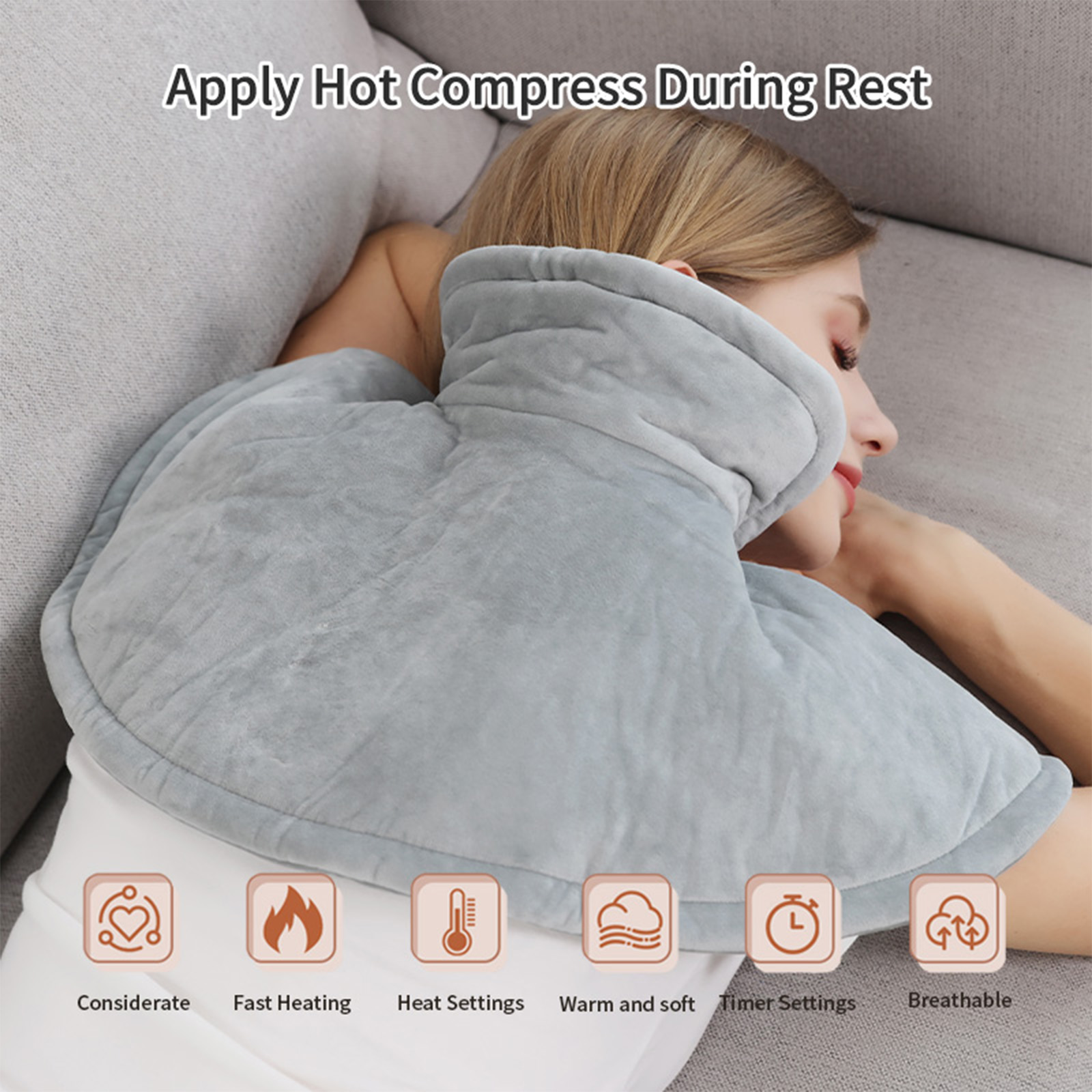 Electric Heating Pad for Neck and Shoulders 17.7x19.7 inches Large Heat Pad with 6 Heat Settings, Auto Shut-Off, and Machine Washable – Pain Relief for Neck, Back, and Shoulders, Grey