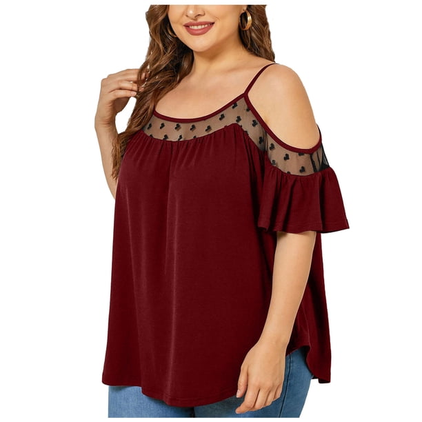 Camiseta de talla grande para mujer Summmer asimétrica de encaje con retazos cuello redondo manga corta informal con hombros descubiertos Fridja bn7102