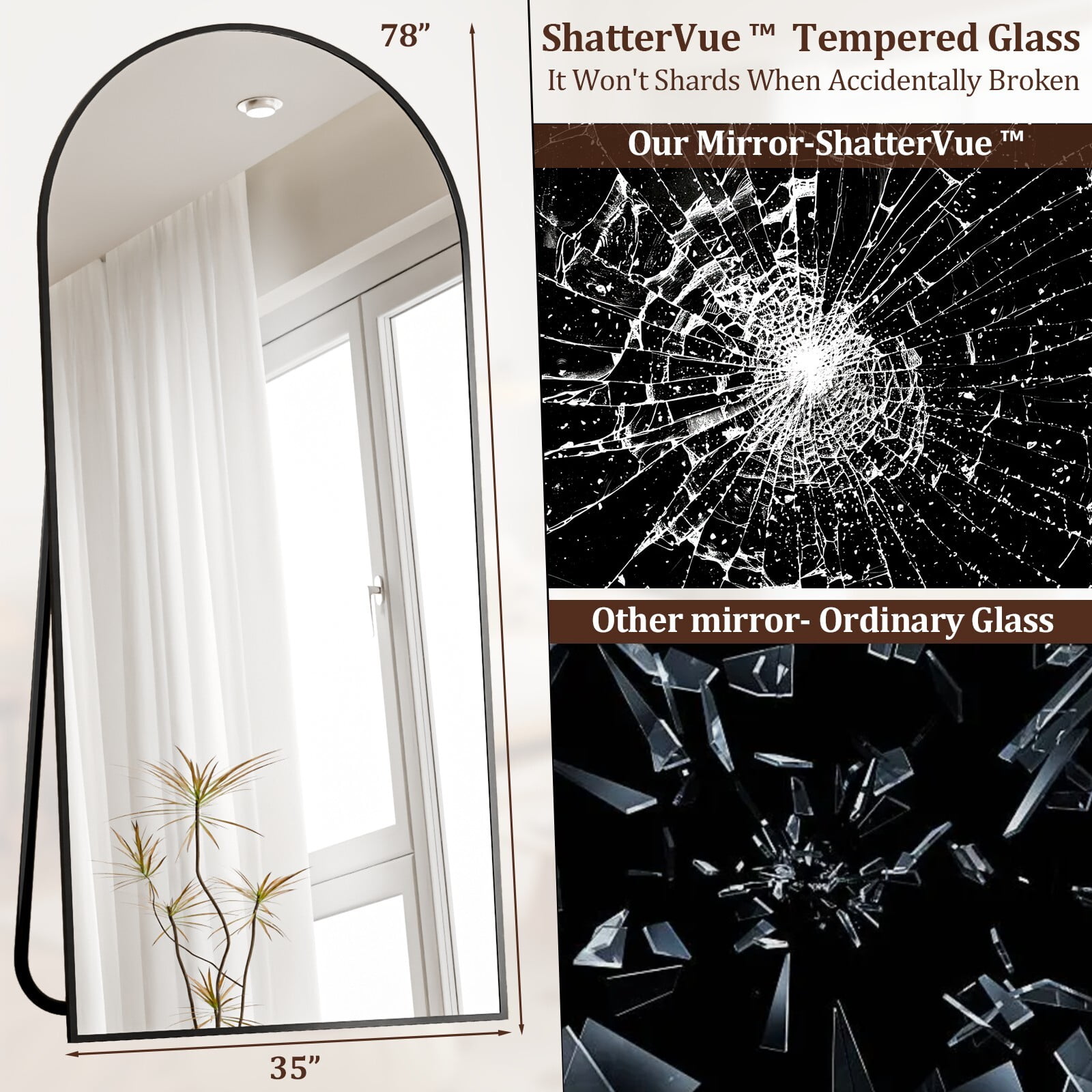 Easy4Home 78"x 36" Arch-Top Floor Mirror Metal Frame Free-Standing & Wall-Mounted, Black