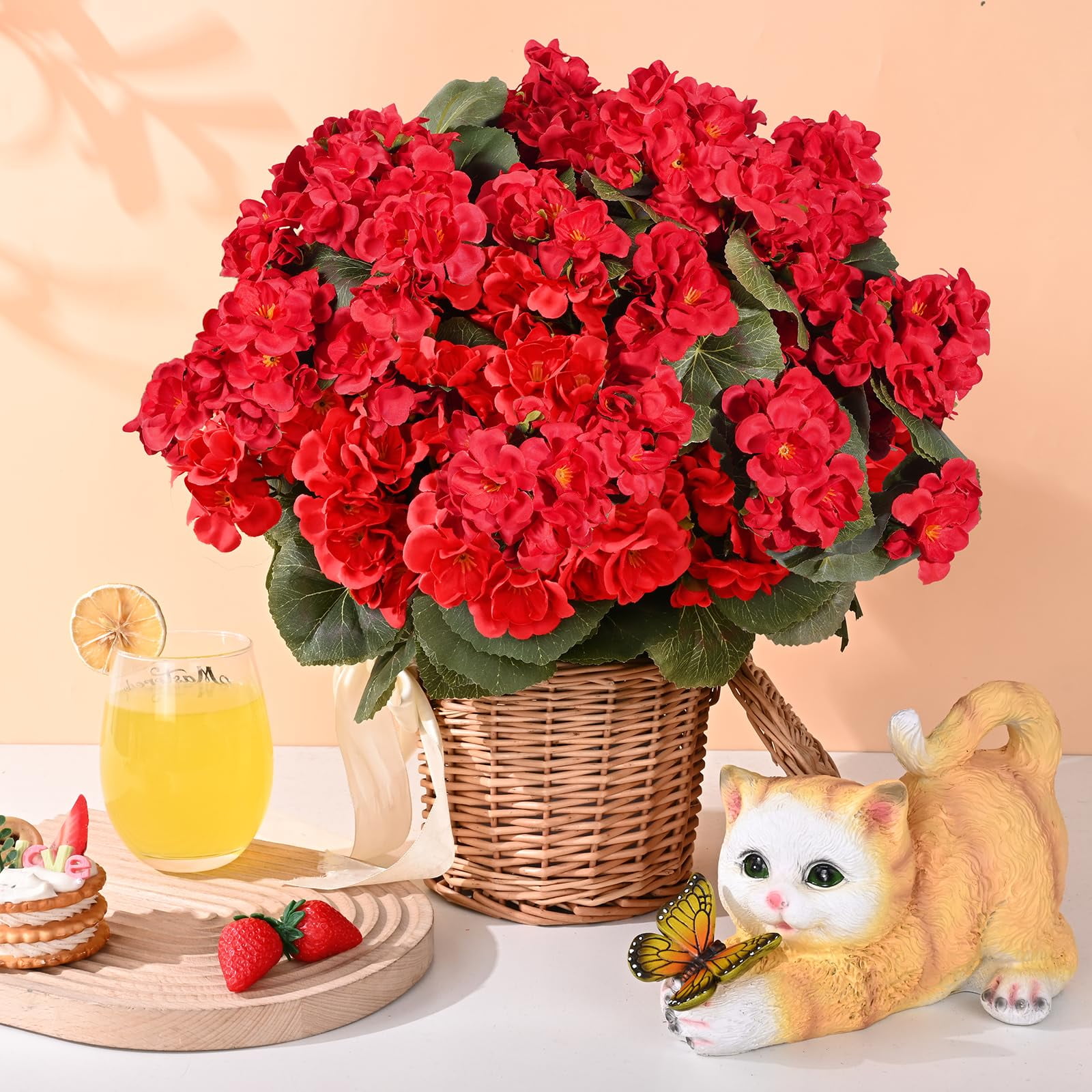 Lyacmy 12Pcs Artificial Geraniums for Outdoors Realistic Artificial Flowers, UV Resistant Red Fake Geraniums Silk Flowers Outdoor Decor