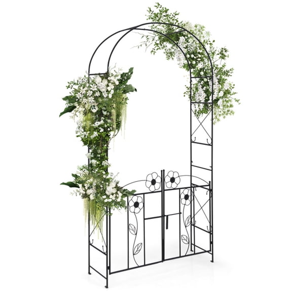 Garden Arbor with Gate and Side Trellis, 2-in-1 Metal Arch with Lockable Double Doors, Black Outdoor Wedding Arch for Climbing Plants, 90" H