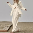 thumbnail image 2 of felwors Womens Cotton Linen Set 2Pcs Summer Casual Long Sleeve Collar Button Down Shirt Elastic Waist Loungewear Pants(Beige, S), 2 of 4