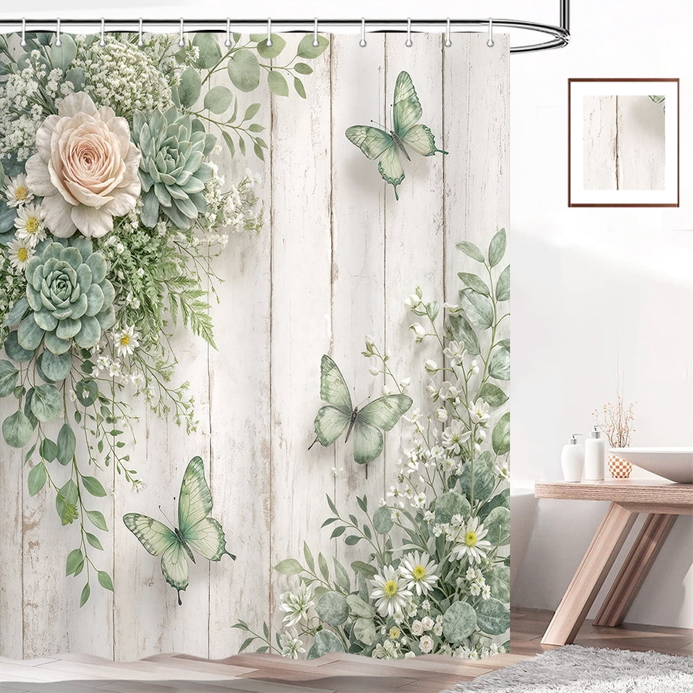 Sage Green Floral Shower Curtain - Farmhouse Rustic Rose Butterfly Bathroom Curtain Boho Botanical Waterproof Fabric Set with 12 Hooks,47X64in
