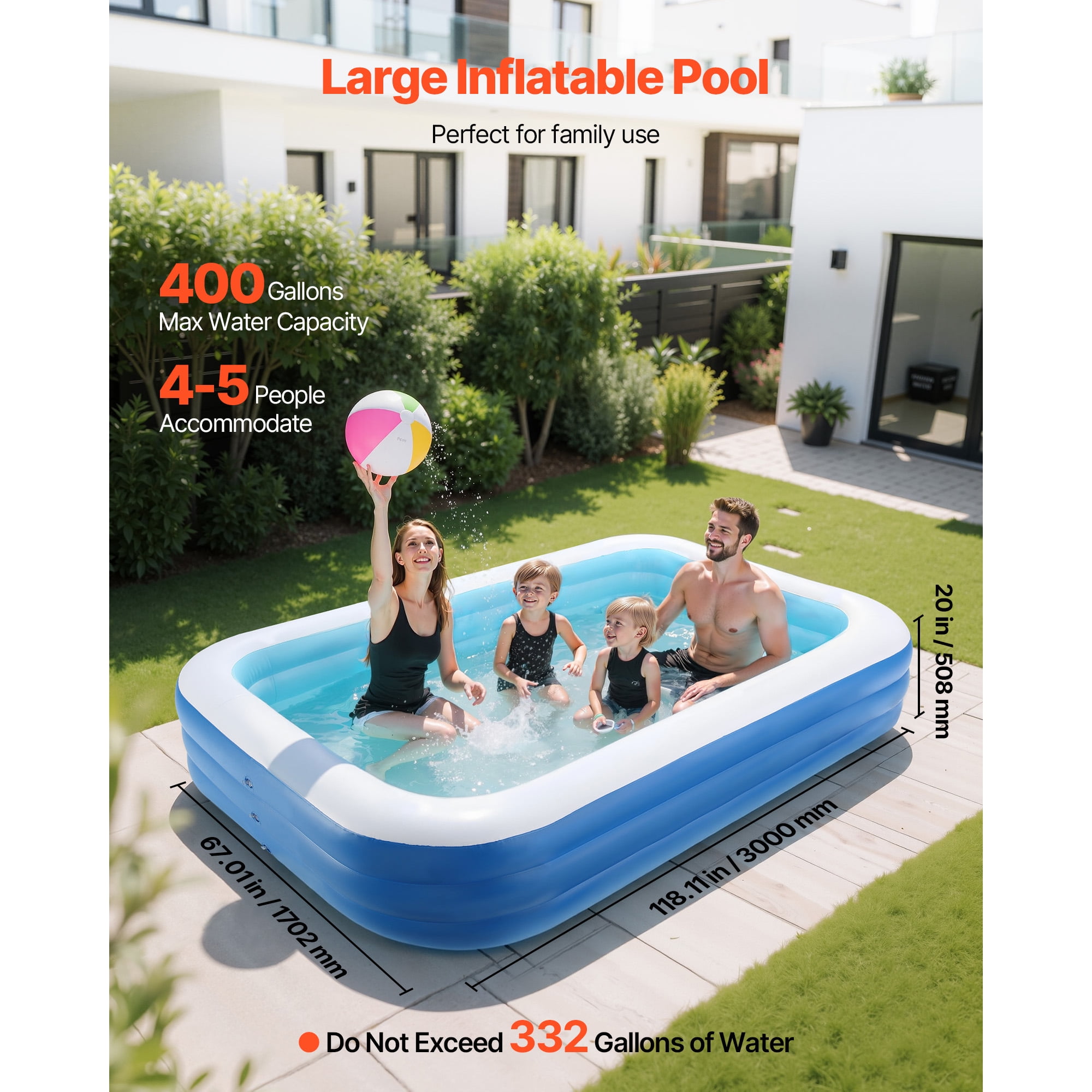 KFFKFF Inflatable Pool, 118 x 67 x 20 inch Large Blow-Up Swimming Pool, Family-Sized Pool with Repair Patches, Suitable for Kids, Adults, Indoor and Outdoor Use, Perfect for Summer Water Activities