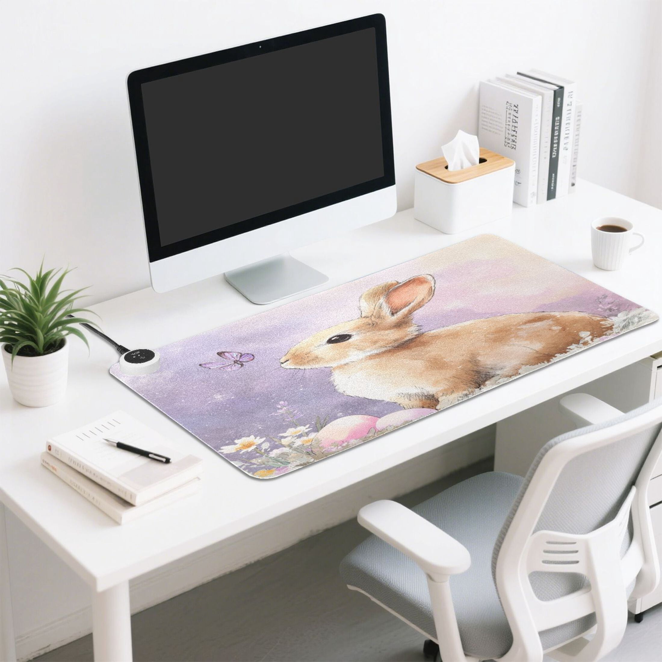 Large Heated Desk Mat Mouse Pad 31.5"x13"PU Leather Graphene Heating Desk Warmer with 3 Temperature Settings 110V US Plug Non-Slip Warm Pad for Home, Office, and Gaming Bunny with Purple Butterfly