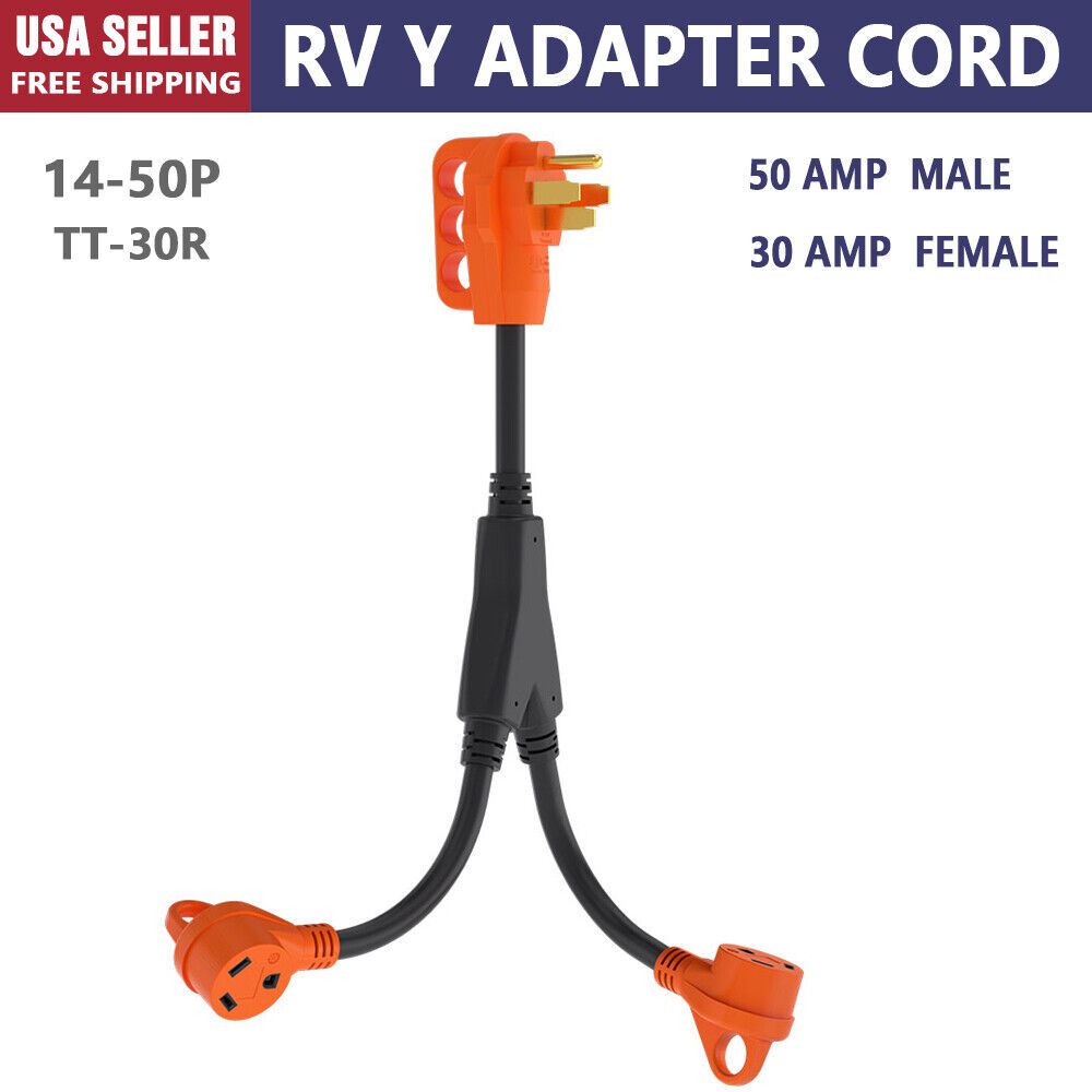RV Y Adapter Cord 50A 1450P Male Plug to Two 30A TT30R Female LED