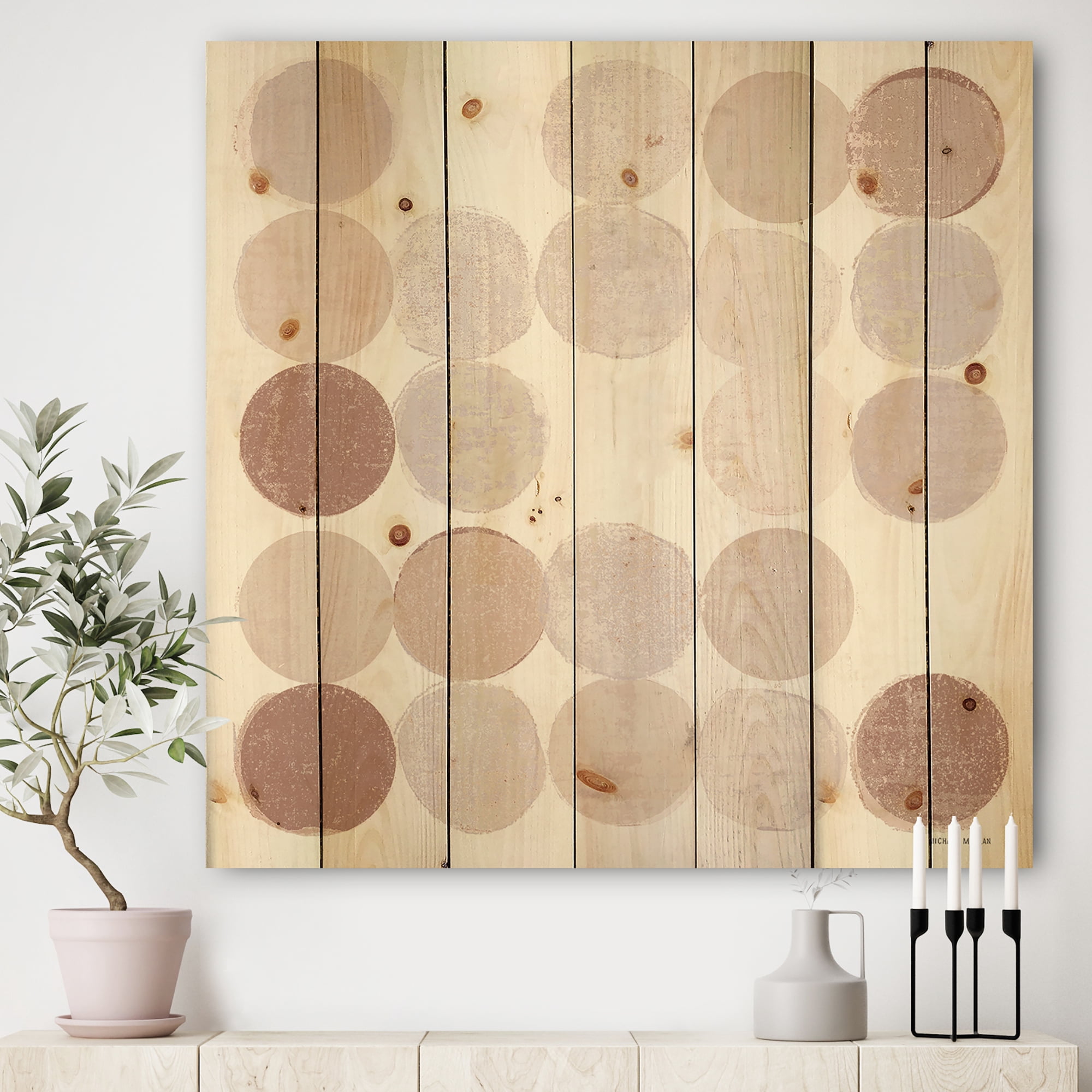 Designart 'Shade of Pink Geometric Dots II' Abstract Print on Natural Pine Wood