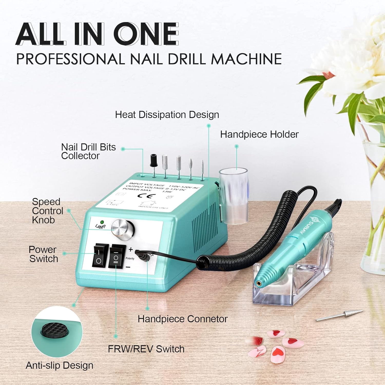 Electric Nail Drill Machine for Manicure Pedicure - 20000RPM Professional Nail File Kit with 1 Pack Sanding Bands - Low Noise Efile for Acrylic Nails - Home Salon Use