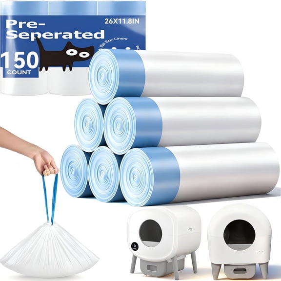 CCOCC 150 Count Automatic Cat Litter Box Bags,Pre-Separated Thick Self-Cleaning Cat Litter Box Replacement Liners with Drawstring Heavy Duty-26"X11.8"
