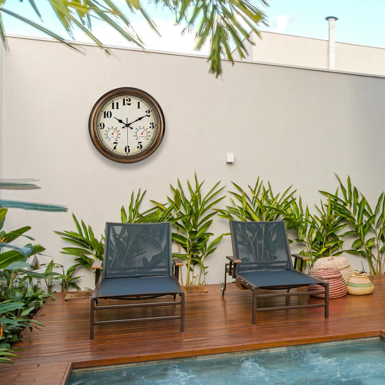 13 Inch Retro Wall Clock,Indoor and Outdoor,Quartz,Analog,Waterproof,Thermometer,Bronze