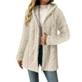 thumbnail image 3 of Women's Mid Length Plush Jacket, Zip Front Hooded Coat with Embossed Pattern, Short Pile Fleece Outerwear, Soft Textured Casual Top, Long Sleeve Everyday Wear Beige L, 3 of 10