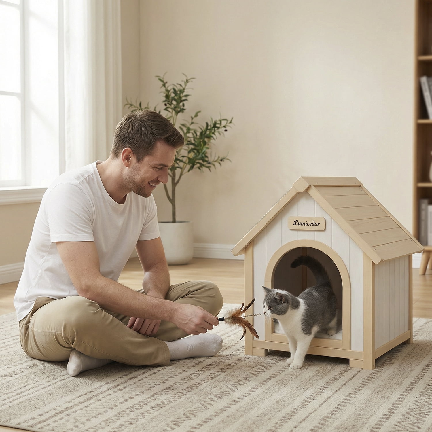 Modern Indoor Wooden Dog House with EVA Cushion – Solid Cedar Pet House for Small Dogs & Cats