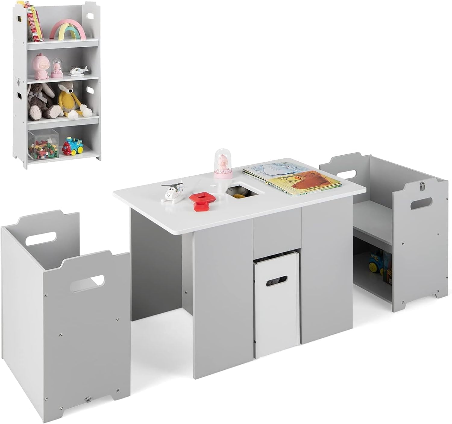 Kids Art & Craft Table With 2 Chairs - 56"L X 25"W, White, Includes Storage Organizer & Paper Roll Holder