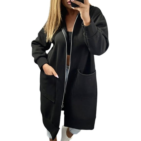Fashion Sweatshirts Comfortable Full Zip Up Hoodie Womens Long Fleece Sweatshirt with Pockets Black L