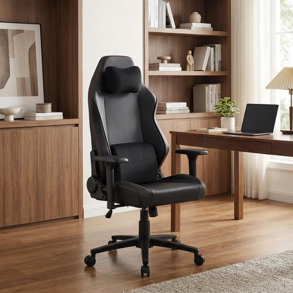 Spaco Ergonomic High Back Computer Chair Magnetic Head Pillow Waist Support Adjustable Swivel Rock Function PVC Leather Game Chair for Home Office, Black