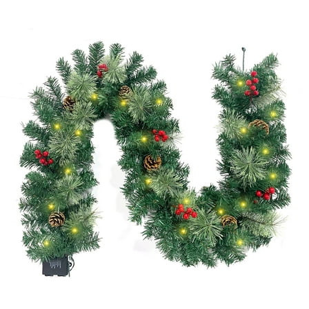 Christmas Garland Pre-Lit Artificial Green with Pine Cones Berry Clusters 40 Lights 6ft for Winter Christmas Indoor Outdoor New Year Xmas Decorations