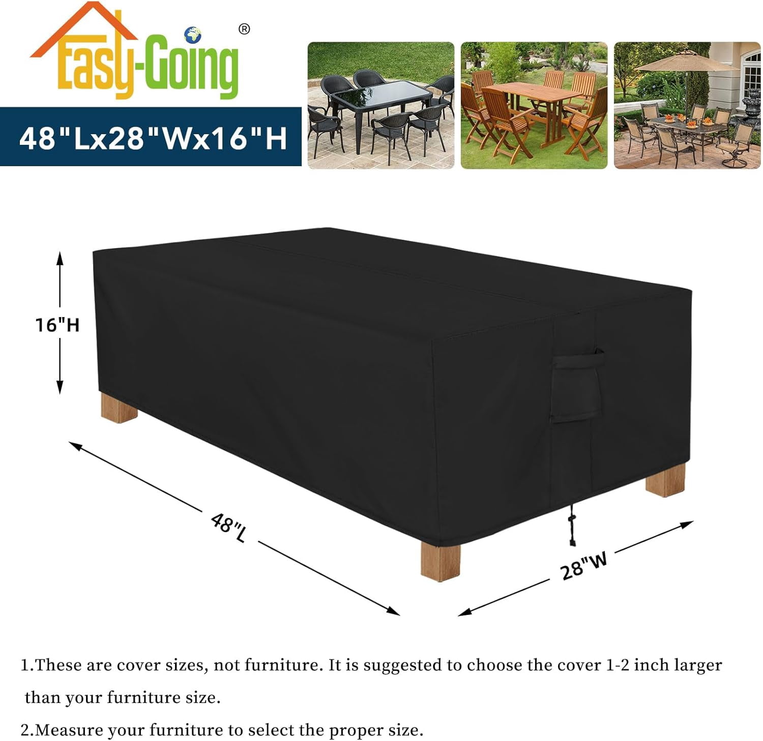 General Patio Furniture Cover Waterproof Outdoor Rectangular Coffee Table Cover with Seal Tape at Seams (48" L x 28" W x 16" H, Black)