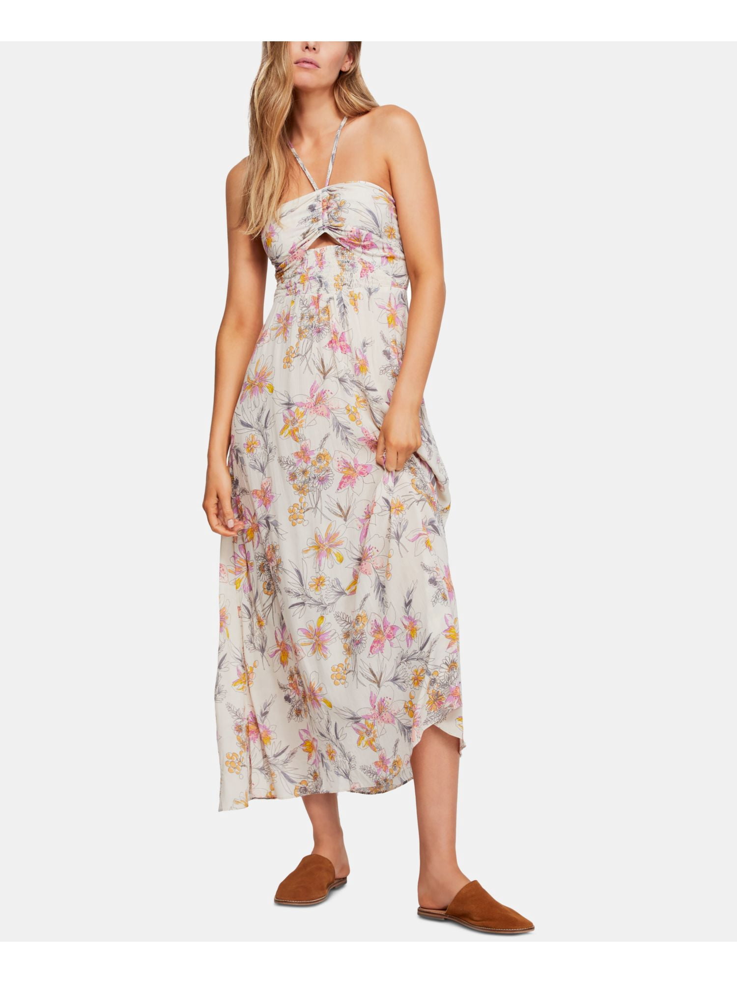 FREE PEOPLE Womens Beige Ruched Floral 