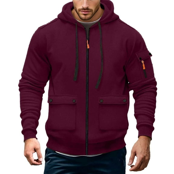 LIUJUNSHOP Mens Lightweight Jacket Solid Color Men's Lined Hooded Jacket Full Zip Loose Fit Thermal Outerwear For Casual Wine L