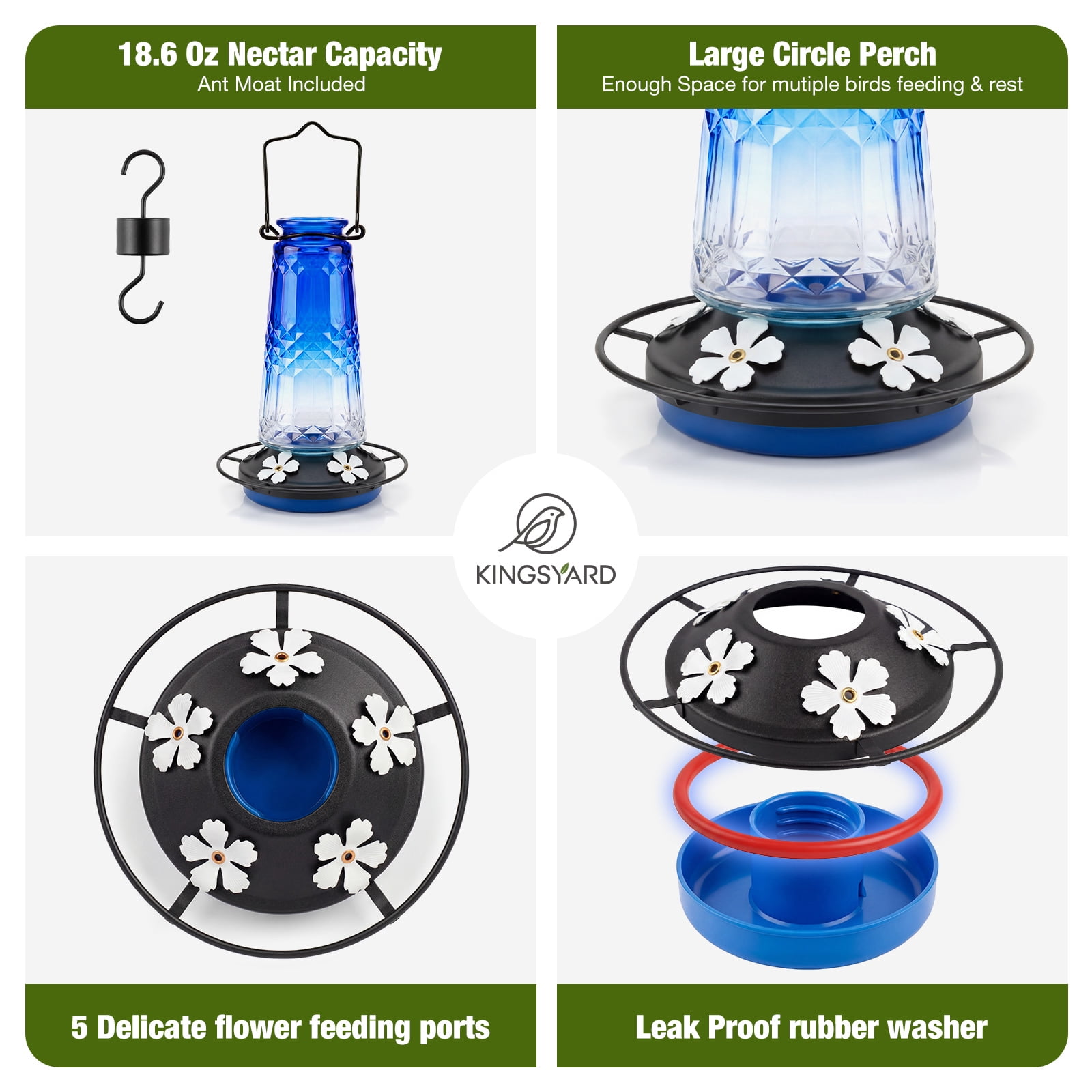 Kingsyard 18.6 oz Blue Glass Hummingbird Feeder, 5 White Ports, Ant Moat Included