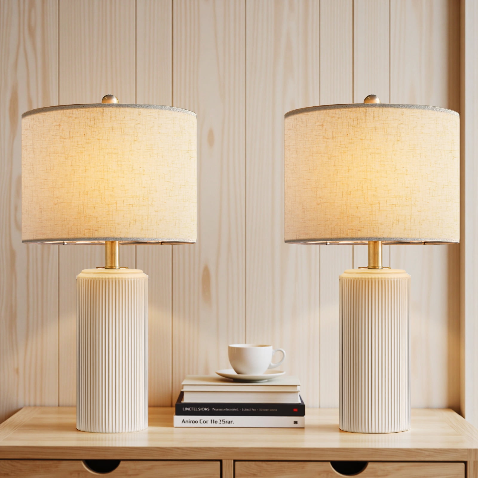 23" Ceramic Table Lamp Set of 2, 3-Level Dimmable Farmhouse Bedside Lamps for Bedroom, Nightstand Lamps for Living Room, LED Bulb Included