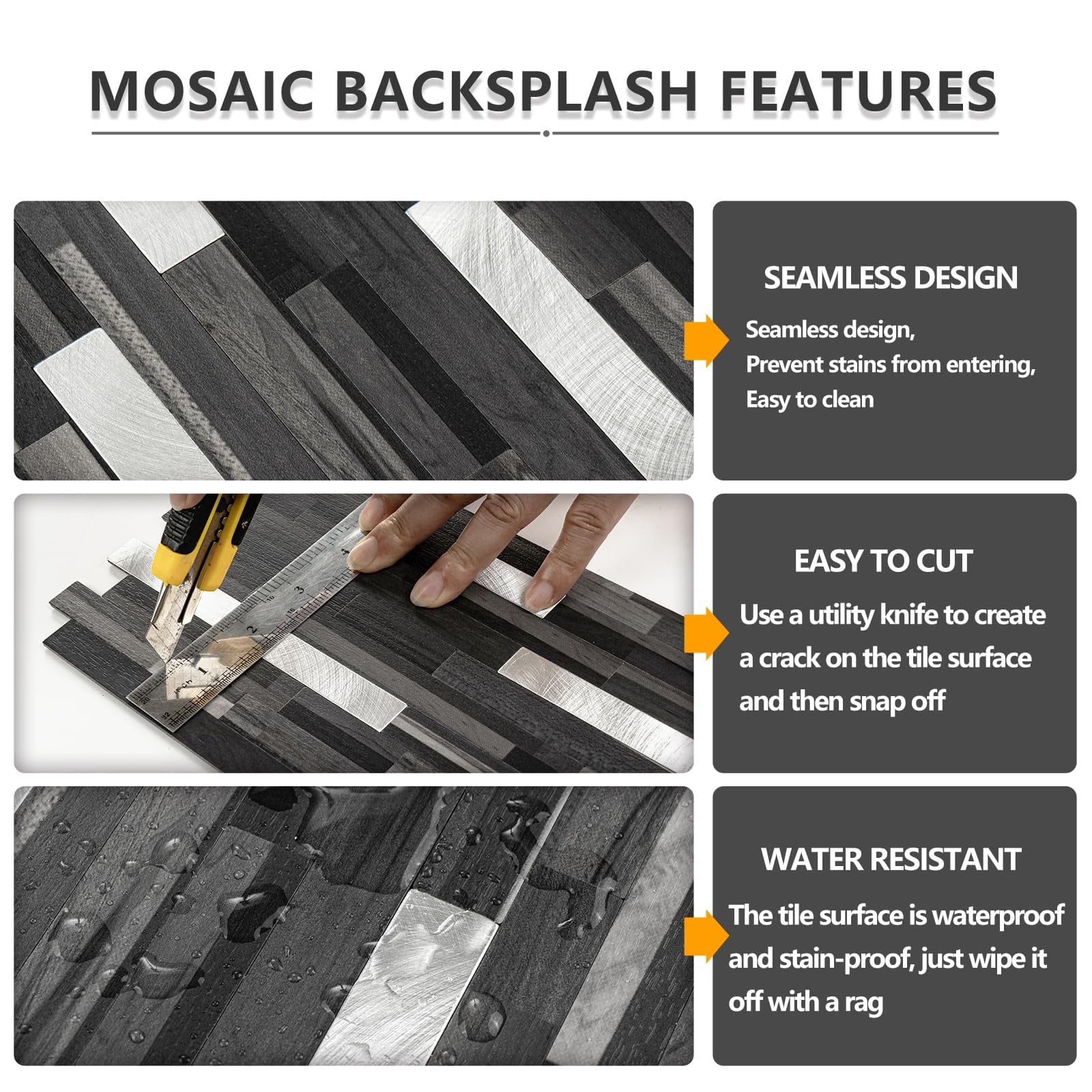 2 Sheets Peel And Stick Backsplash Tile  On For Kitchen Bathroom Black Grey Wood Look Pvc Mixed Metal Self Adhesive Wall Tiles