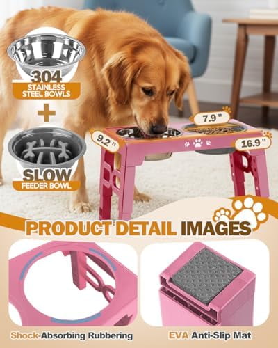 Elevated Dog Bowls, Dog Feeder with Stainless Steel Dishes & Slow Feeder Bowl, 5 Heights Adjustable Raised Stand for Medium Large, Food Dishes with Non-Slip Feet