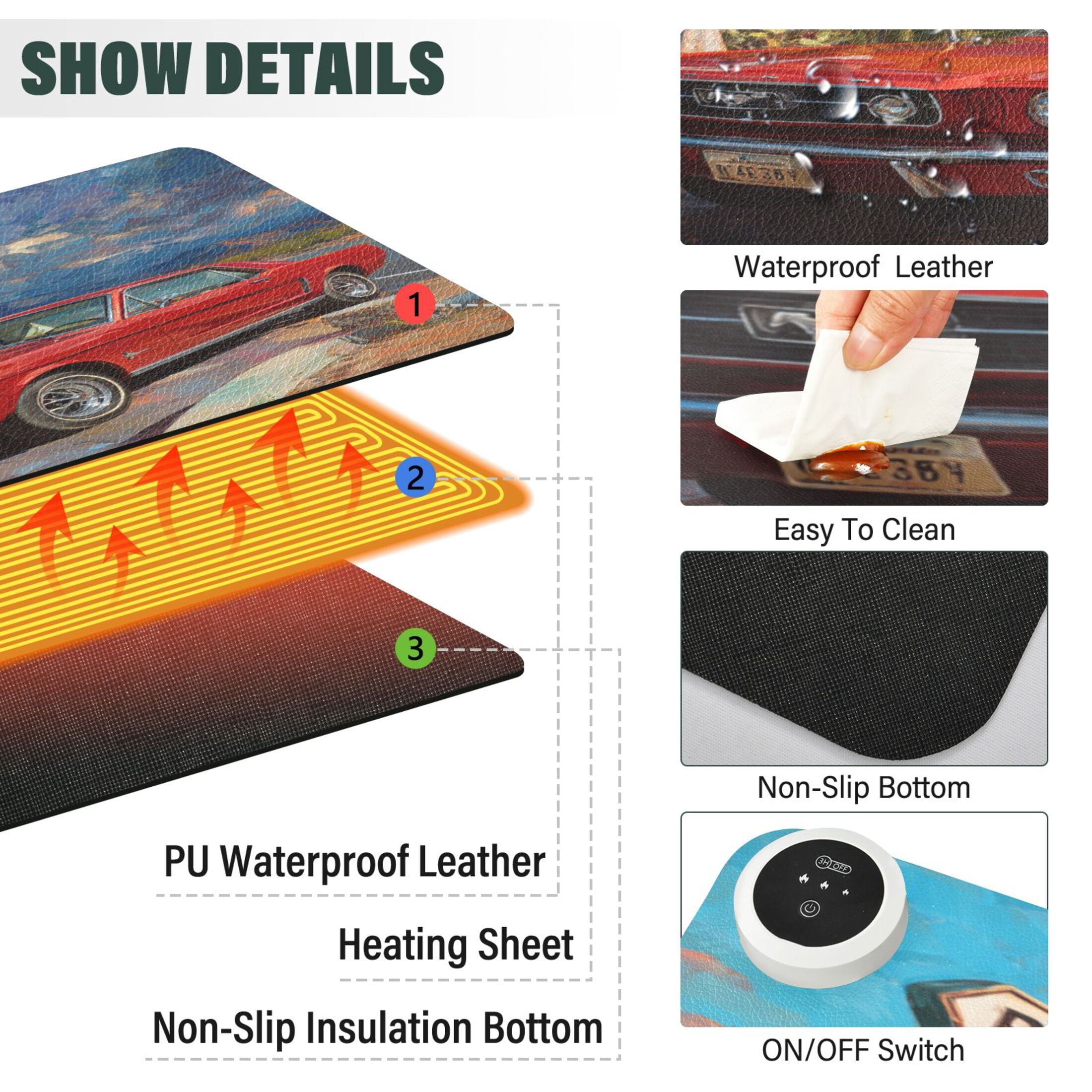 Large Heated Desk Mat Mouse Pad 31.5"x13"PU Leather Graphene Heating Desk Warmer with 3 Temperature Settings 110V US Plug Non-Slip Warm Pad for Home, Office, and Gaming Red Pony Of The Desert