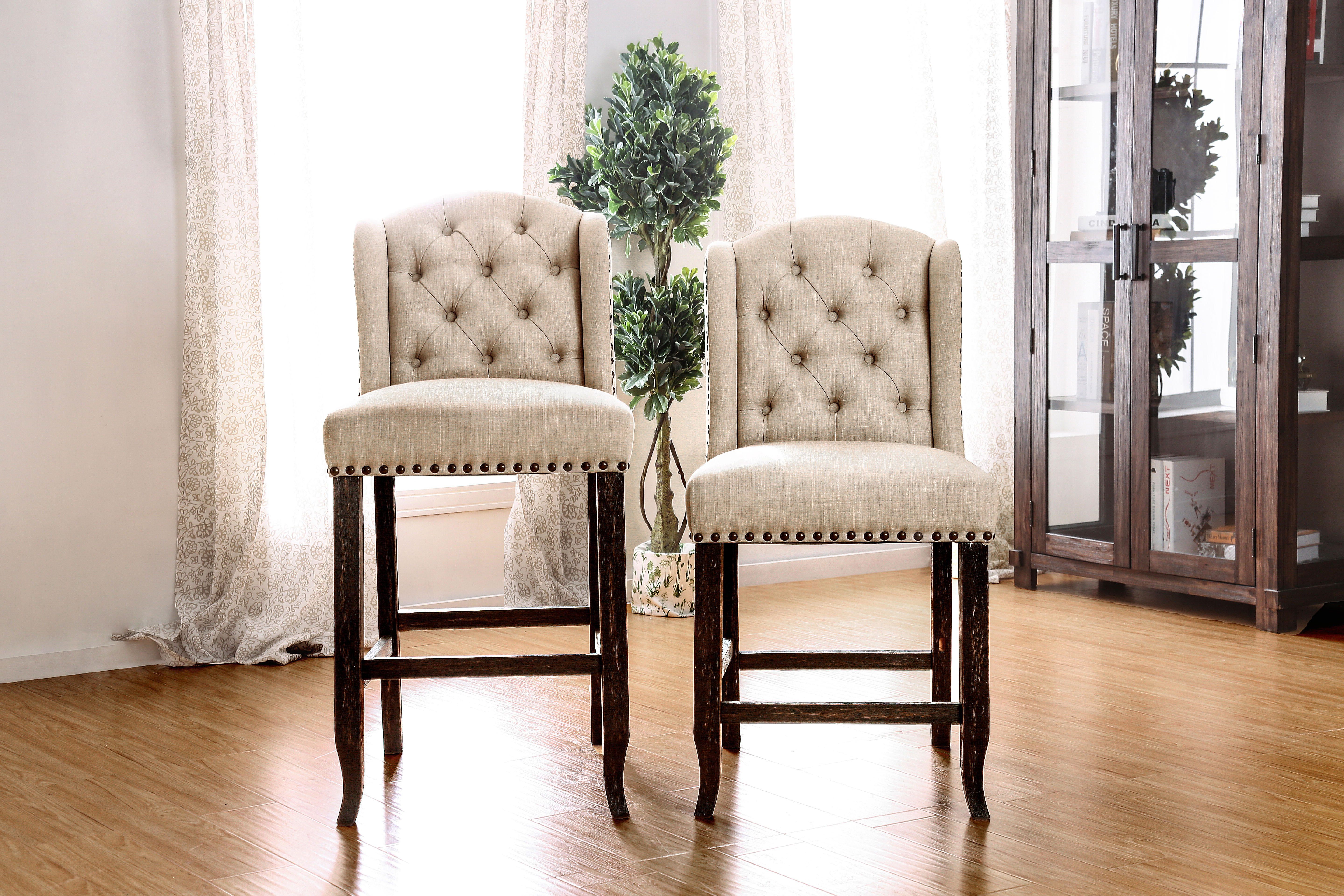Furniture of America Freiden Upholstered Bar Chairs - Set of 2, Beige