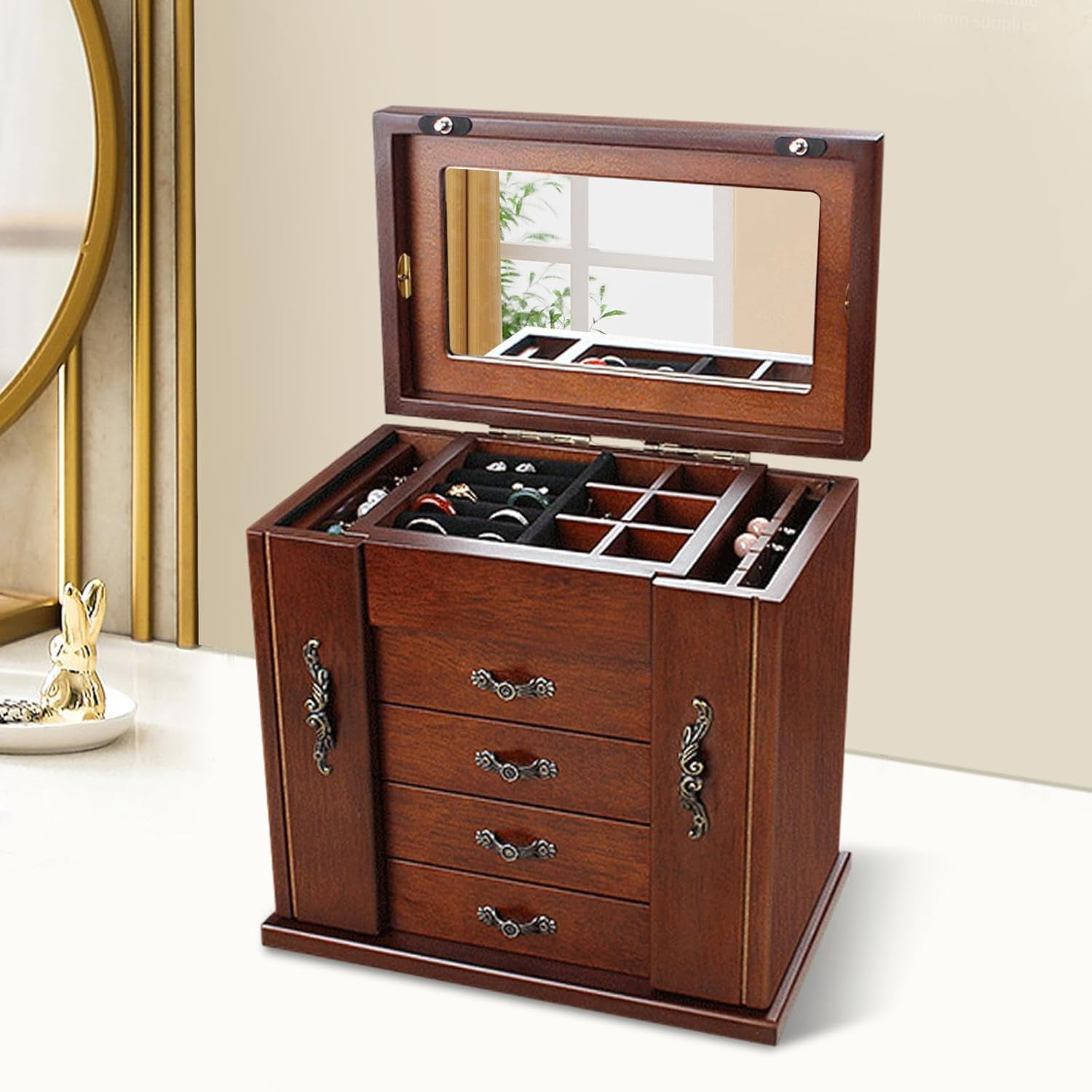 Large Wooden Jewelry Box with Built-in Mirror, 5 Drawers Jewelry Case with Side Organizer, Watches Necklace Ring Storage Box for Women