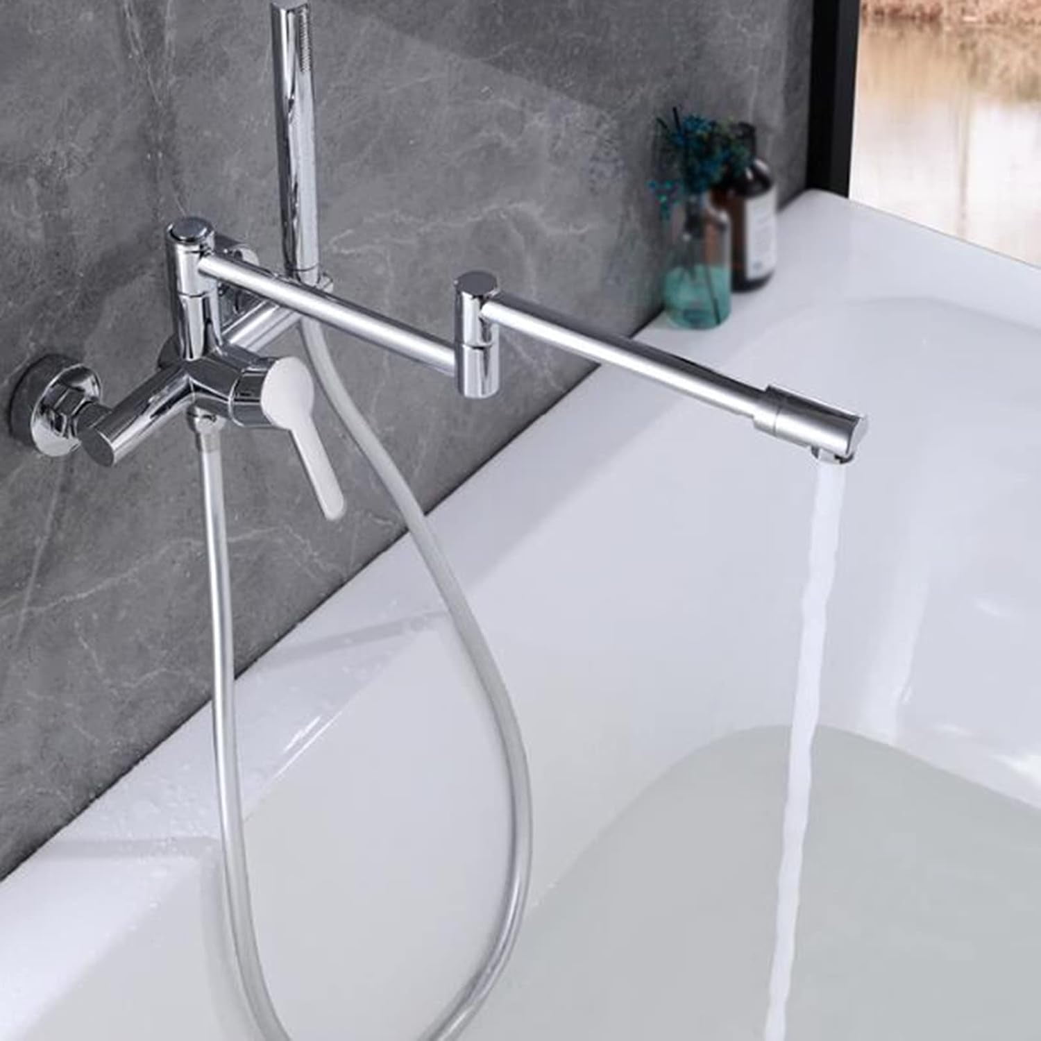 Bathtub Faucet with Shower Folding Hot and Cold Water Brass Swivel Multifunction Bath Taps Wall Mounted-Black