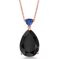Gem Stone King 10.45 Ct Black Onyx Blue Created Sapphire 18K Rose Gold Plated Silver Pendant with Chain