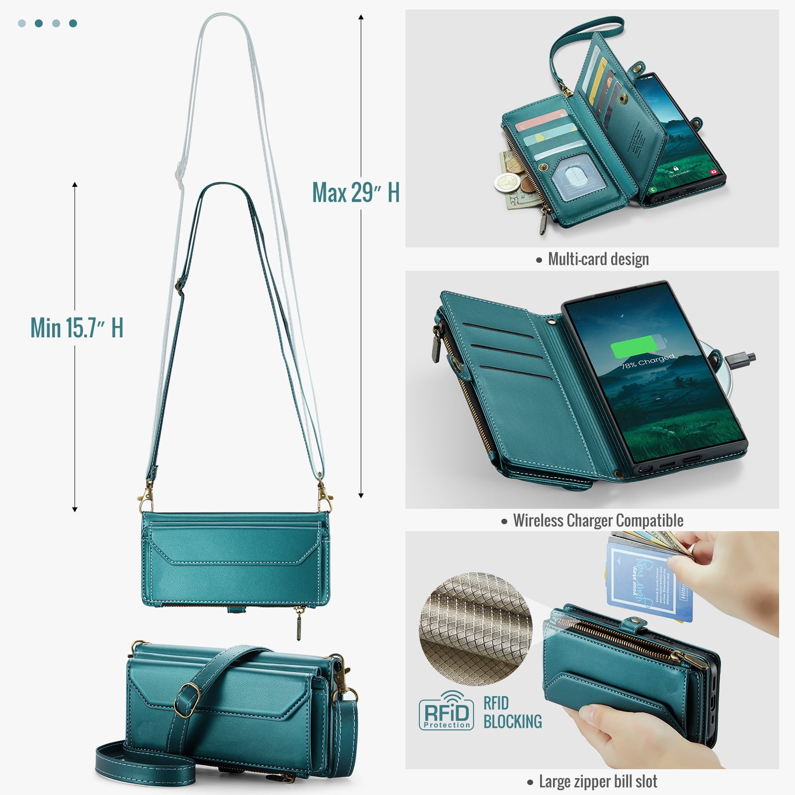 Asuwish Compatible with Samsung Galaxy S25 Ultra 5G Zipper Wallet Phone Case Tempered Glass Screen Protector Crossbody Lanyard Strap Flip Card Holder Slot Cell Cover for S25Ultra 25S S 25 Women Green