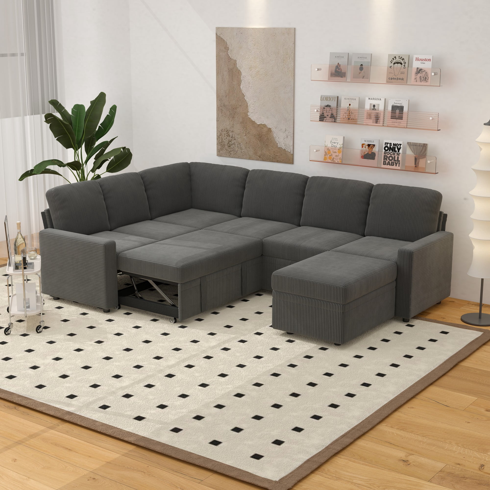 Gewnee 6-Seater Gray L-Shaped Convertible Sofa - Soft-Touch Corduroy Fabric,Multifunctional Storage, for Living Rooms & Halls（including 1 footstool）