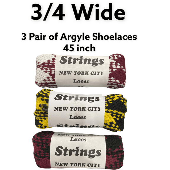 Argyles are Back! Wide 3/4 inch Argyle Shoelaces 45" Length White/Burgundy, Yellow/Black and Black/Burgundy. New from the 80's. STRINGS Shoe Lace Co