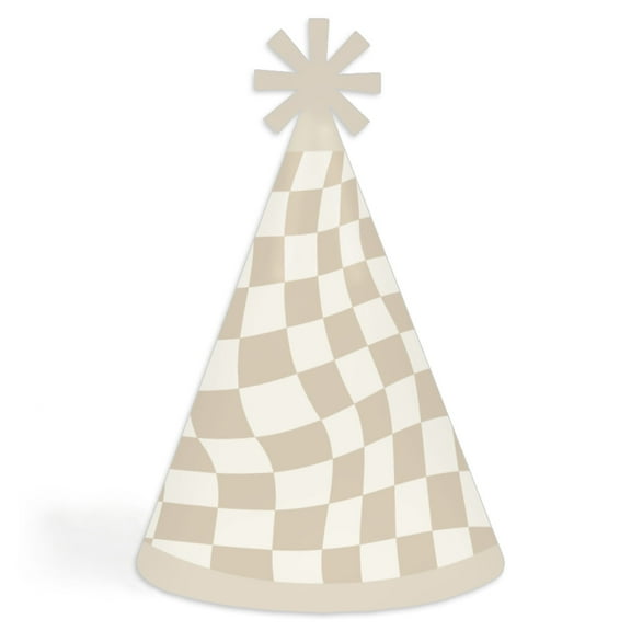 Big Dot of Happiness Tan Checkered Party - Cone Happy Birthday Party Hats for Kids and Adults - Set of 8 (Standard Size)