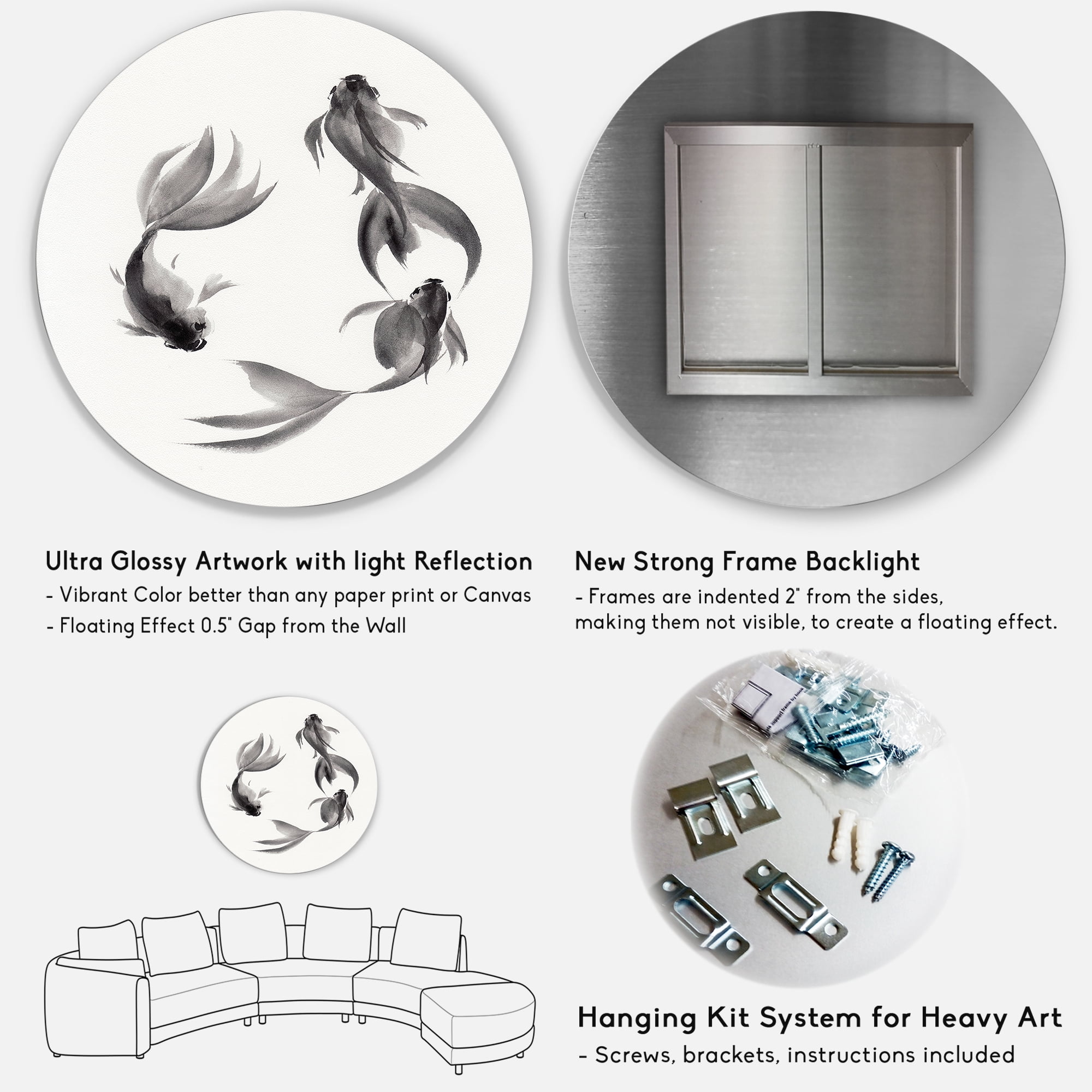 Designart 'Black and White Vintage Fish III' Nautical & Coastal Circle Metal Wall Art 29x29 - Disc of 29