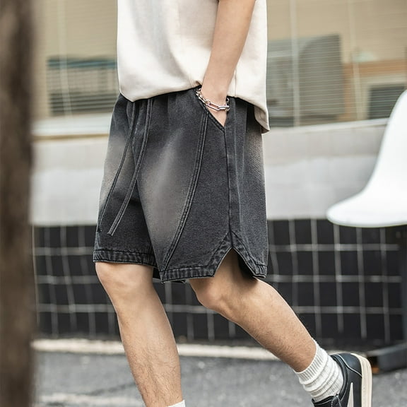 Yaoyar Men's Vintage Washed Denim Elastic Waist Drawstring Pocket Shorts Retro Inspired Comfort Fit Casual Summer Shorts,Black,2XL
