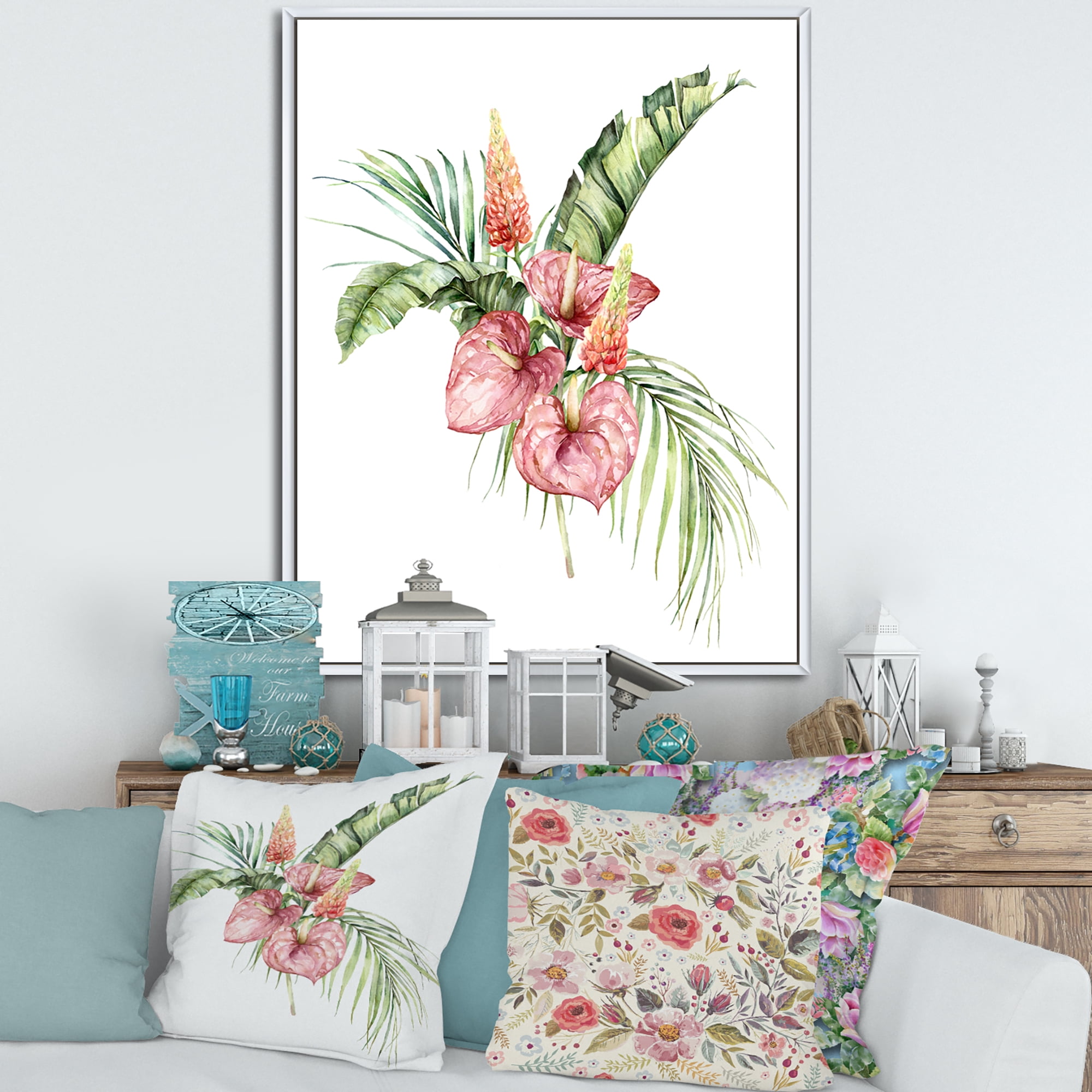 Designart 'Tropical Bouquet With Anthurium Lupine and Leaves On White II' Traditional Framed Canvas Wall Art Print